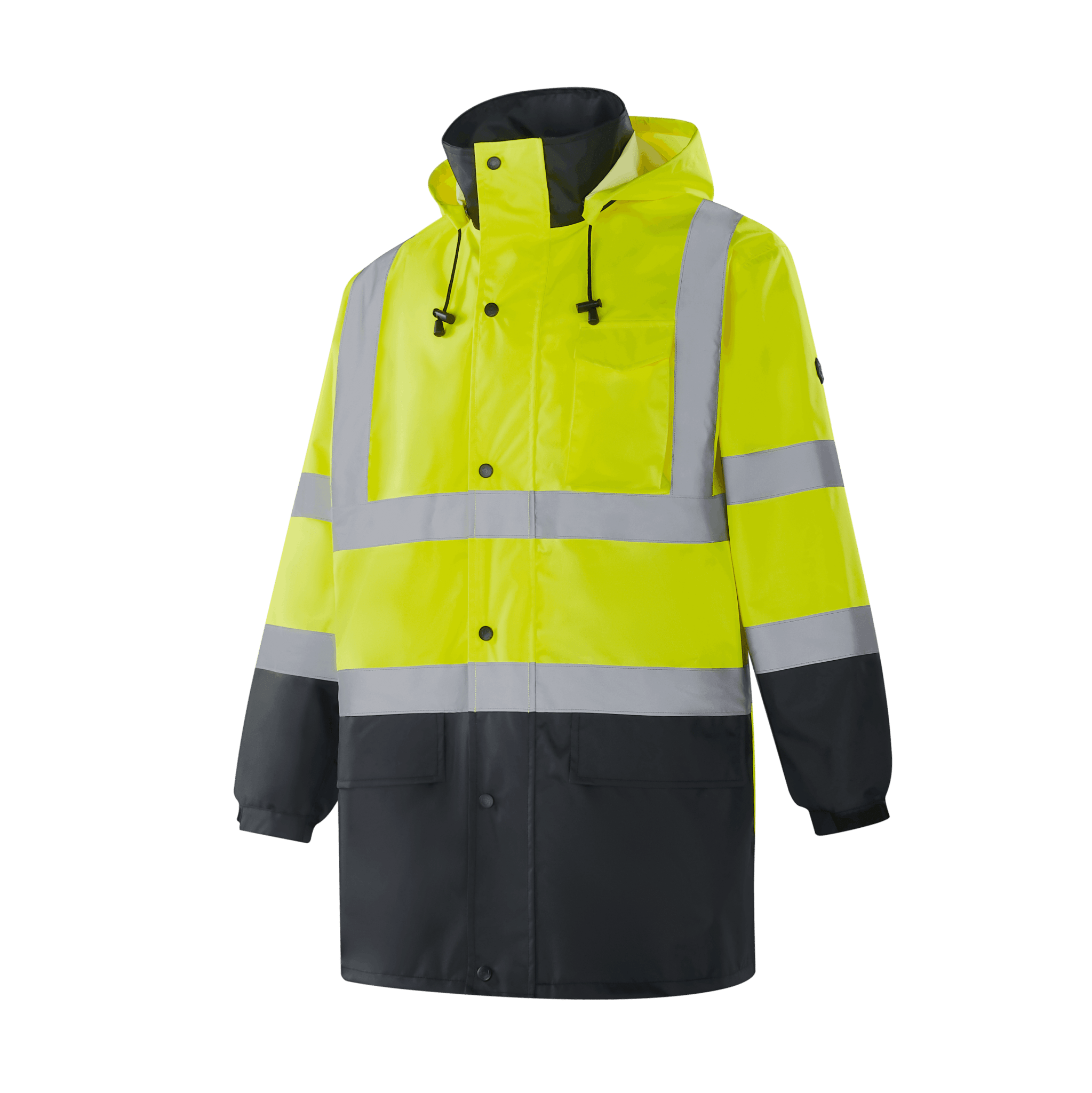Hi-vis yellow WR301 DRESDEN rain jacket, 300D Oxford with TPU, mesh lining, left chest pocket, two lower pockets, velcro cuffs, sewn reflective tape, EN 20471 Class 3